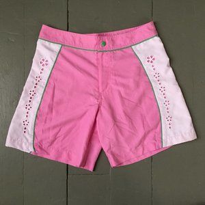 Pink and White Mossimo Board Shorts sized XL Girls with Cut Out Flower Design